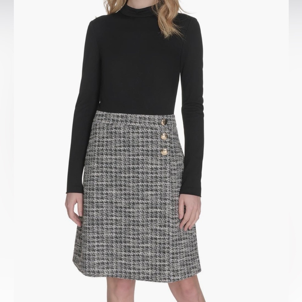 Eliza J Black & White Tweed A-Line Skirt with Rhinestone Side Buttons